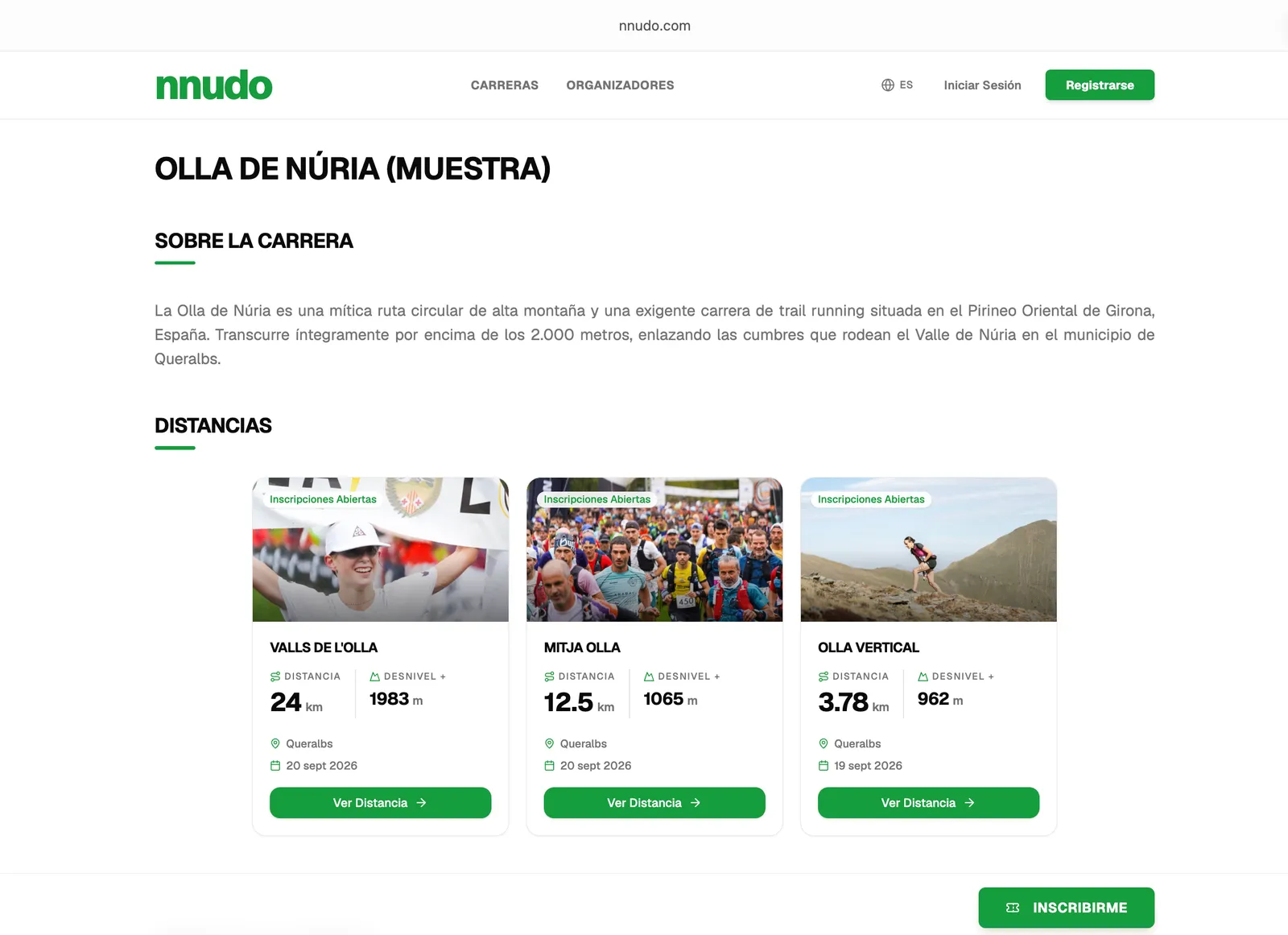 La web pública d'una cursa de muntanya a nnudo