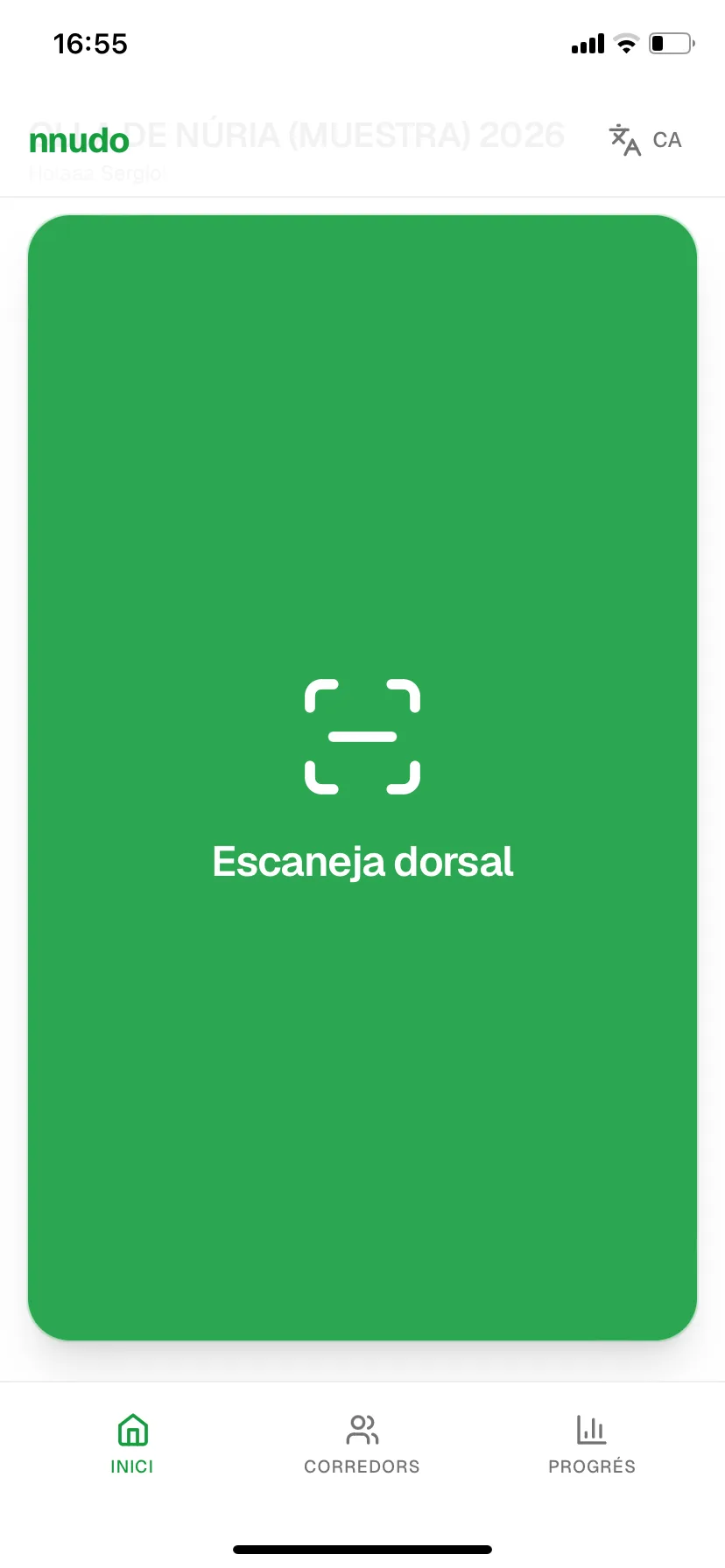 PWA de check-in de nnudo para voluntarios: botón de escanear dorsal y pestañas de corredores y progreso