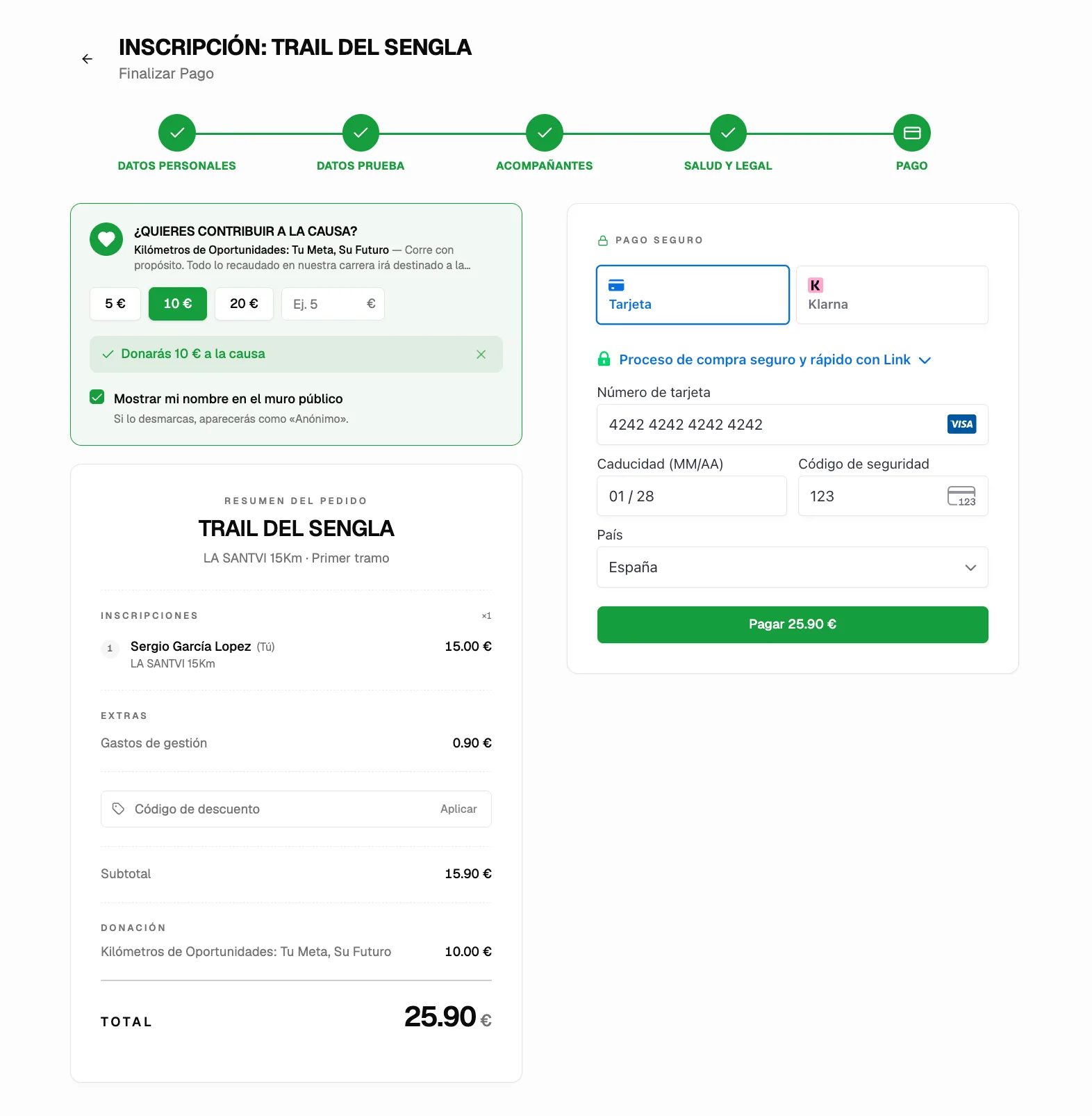 Paso de pago del checkout de nnudo: wizard completado, donación a la causa, cupón de descuento y pago con tarjeta