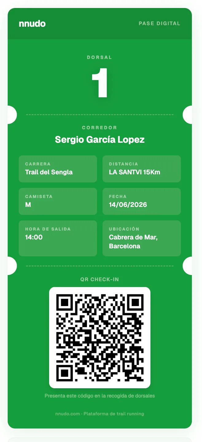 Pase digital del corredor en nnudo: dorsal, carrera, hora de salida y QR de check-in
