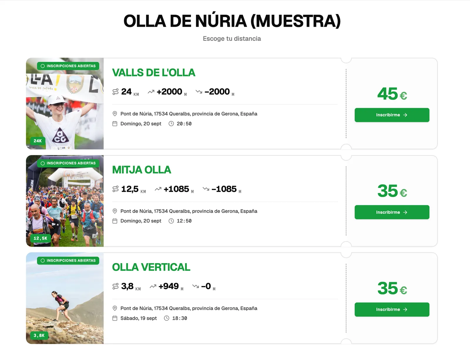 Selector de distancias con precios de la Olla de Núria en nnudo