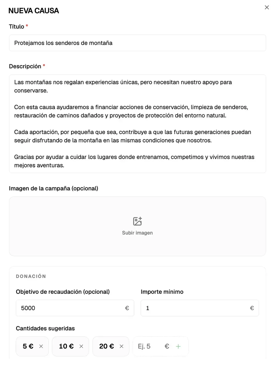 Creación de una causa solidaria en nnudo: título, descripción, objetivo de recaudación e importes sugeridos